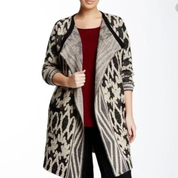 Lucky Brand Cardigan Sweater Womens 2X Plus Black Cream Aztec Knit Boho Duster - Picture 9 of 14